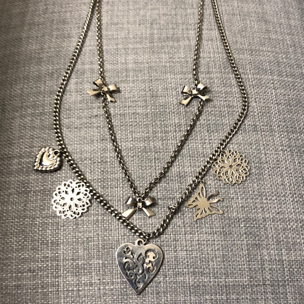 2-chained silver heart bow necklace
